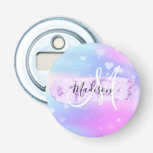 Girly Colorful Unicorn Rainbow Hearts Monogram Flaschenöffner