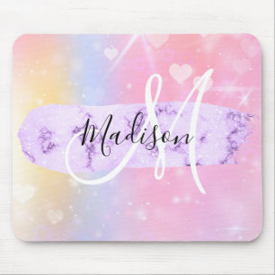 Girly Colorful Unicorn Rainbow Hearts Monogram Mousepad