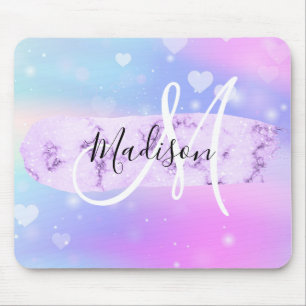 Girly Colorful Unicorn Rainbow Hearts Monogram Mousepad