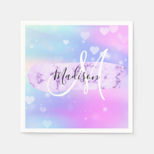 Girly Colorful Unicorn Rainbow Hearts Monogram Serviette