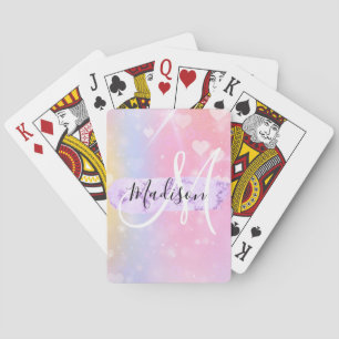 Girly Colorful Unicorn Rainbow Hearts Monogram Spielkarten