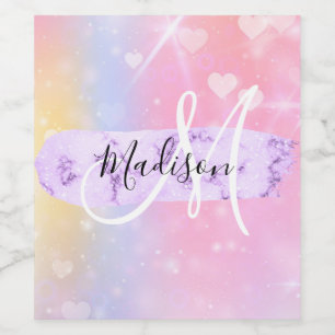Girly Colorful Unicorn Rainbow Hearts Monogram Weinetikett