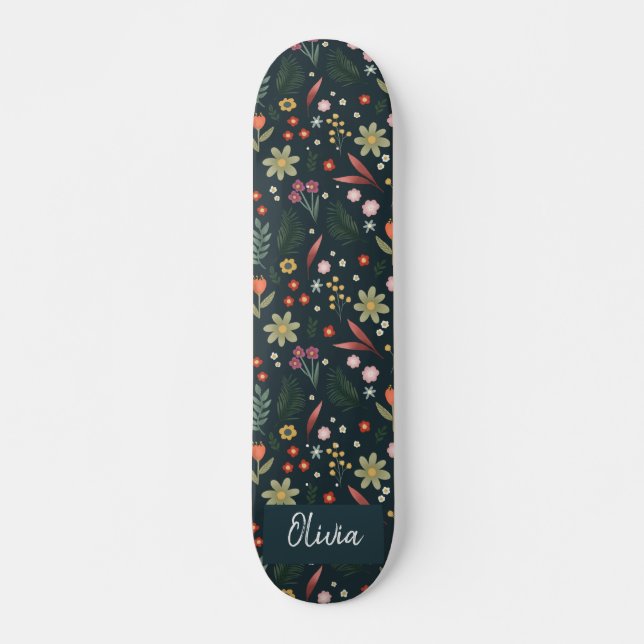 Girly & Cool Modern Navy Blue Botanic Blume Skateboard (Vorne)