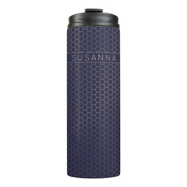 Girly Copper Rose Gold Navy Blue Geometric Muster Thermosbecher (Vorderseite)