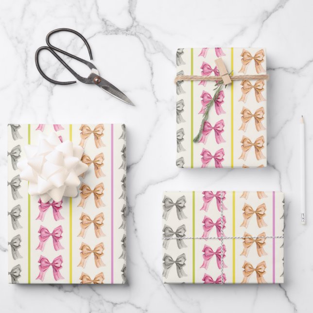 Girly Coquette Bow und Strip Wrapping Paper Geschenkpapier Set (Vorderseite)