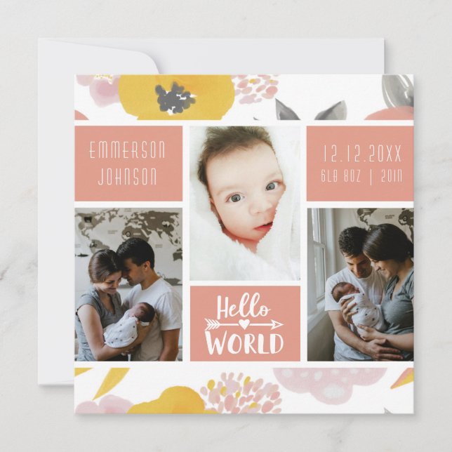 Girly Coral Floral Bold Foto Collage Birth Ankündigung (Vorderseite)