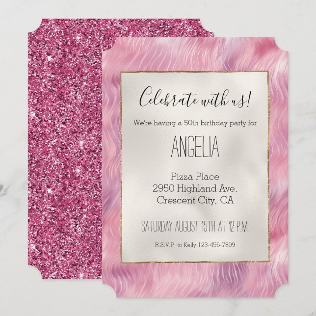 Girly Cotton Candy Pink Glitzer Einladung (Vorne/Hinten)