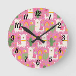 Girly Cute Llamas Green Cactus Rainbows Pink Runde Wanduhr