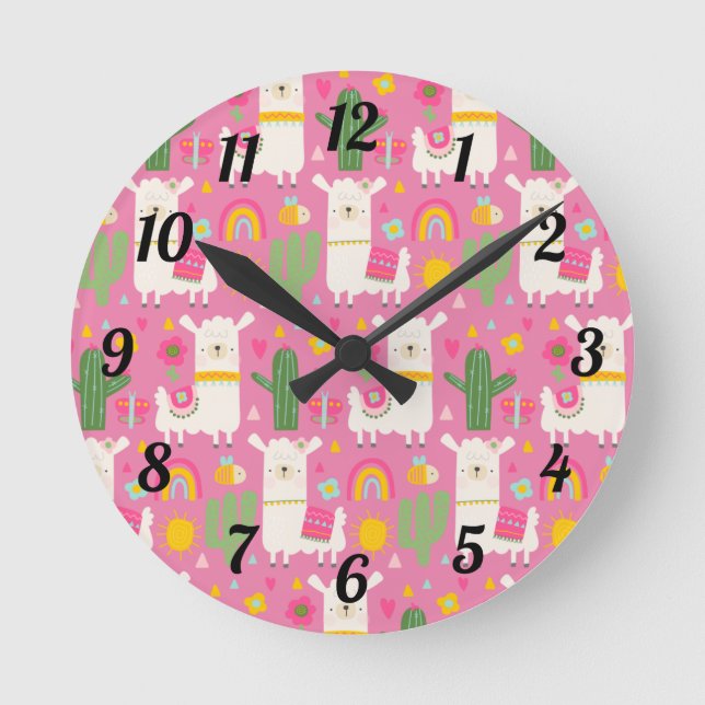 Girly Cute Llamas Green Cactus Rainbows Pink Runde Wanduhr (Vorderseite)