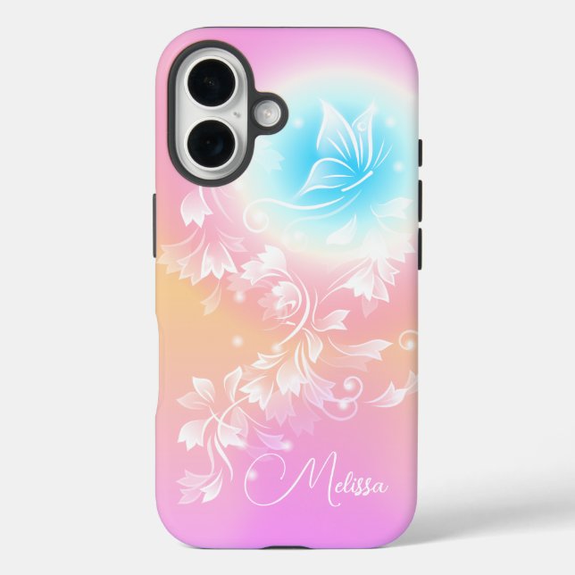 Girly Cute Pink Floral Fantasy Monogram iPhone 16 Hülle (Rückseite)