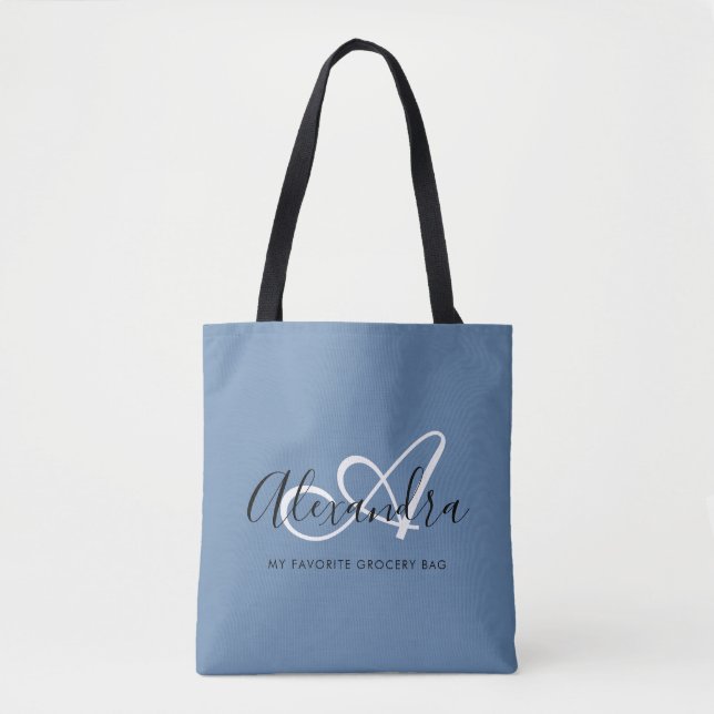 Girly Denim Blue Trendy Elegante Script Monogram Tasche (Vorderseite)