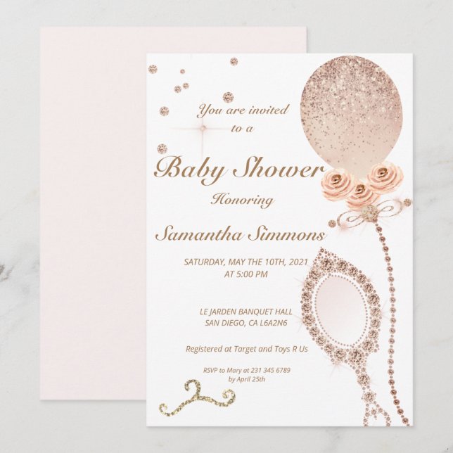 Girly Diamond Rose Gold Glitzer Balloon Baby Showe Einladung (Vorne/Hinten)