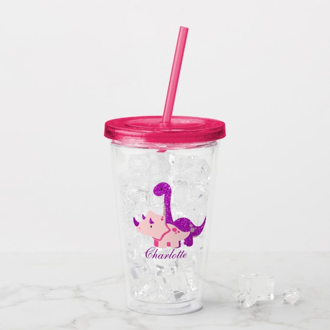 Girly Dinosaur Glitzer Personalize Acrylic Tumbler Acryltrinkbecher (Rückseite Ice)