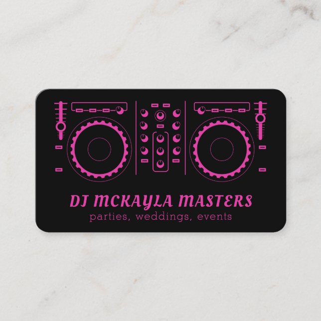 Girly DJ Disk Jockey Neon Pink & Black Turntable Visitenkarte (Vorderseite)