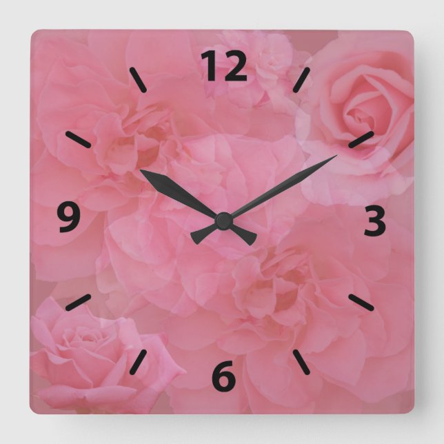 Girly Dreamy Floral Light Pink Rose Collage Quadratische Wanduhr (Vorderseite)