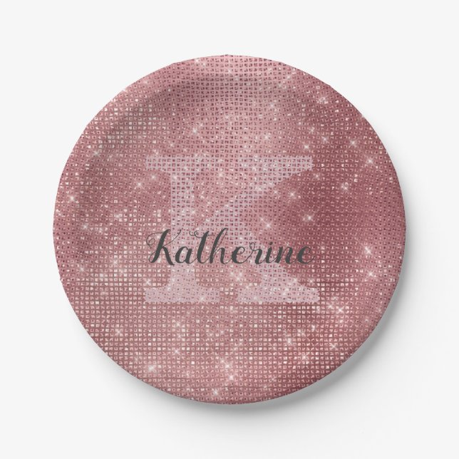Girly Dusty Rose Gold Glam Sparkle Monogram Name Pappteller (Vorderseite)