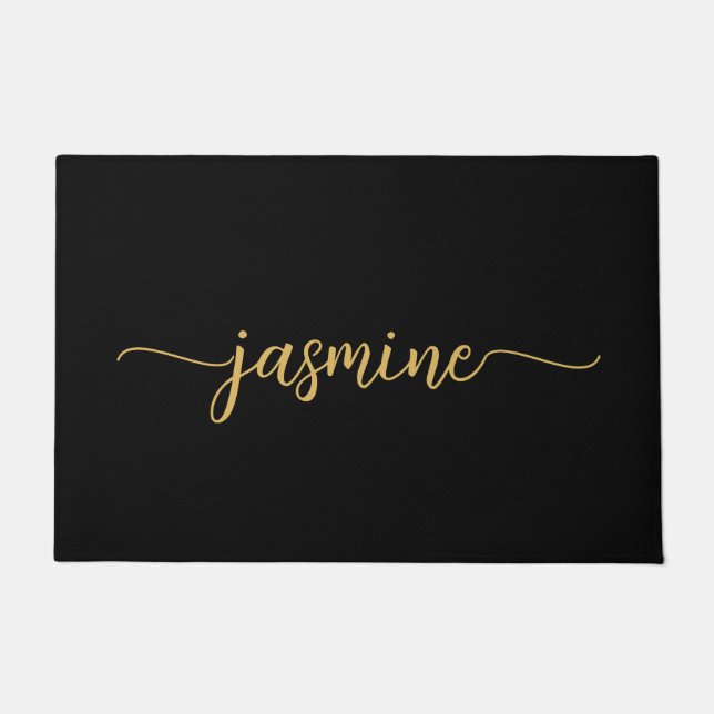 Girly Einfache Schwarze Gold Monogramm Name Schrif Fußmatte (Vorderseite)