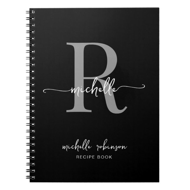 Girly Elegant Black Gray Cookbook Rezept Monogramm Notizblock (Vorderseite)
