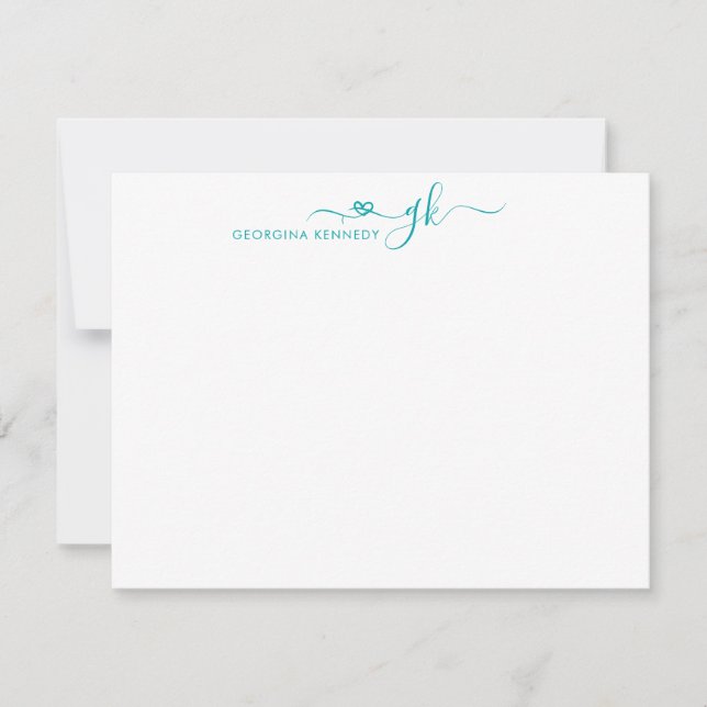 Girly Elegant Heart Script 2 Monogram Aquamarin Gr Mitteilungskarte (Vorderseite)