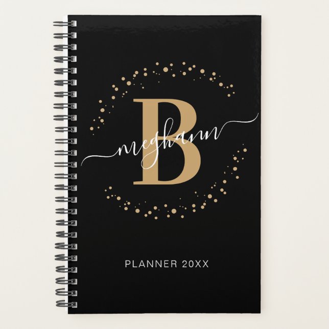 Girly Elegant Noir Nom Monogramme Planner (Devant)