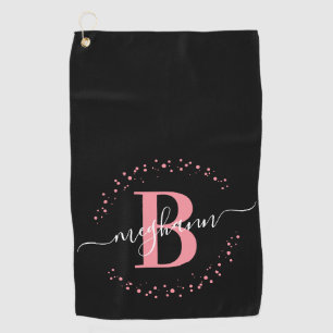 Girly Elegant Pink Black Name Mit Monogramm Skript Golfhandtuch