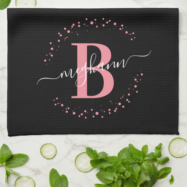 Girly Elegant Pink Black Name Monogram Script Kitc Geschirrtuch (Gefaltet)