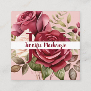 Girly Elegant Pink Burgundy Rote Rosen Quadratische Visitenkarte