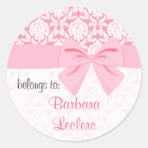 Girly Elegant Pink Damask Wrap Bow Personalisiert Runder Aufkleber