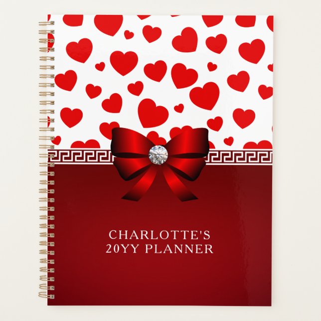 Girly Elegant Red Heart, Red Ribbon Individuelle N Planer (Vorderseite)