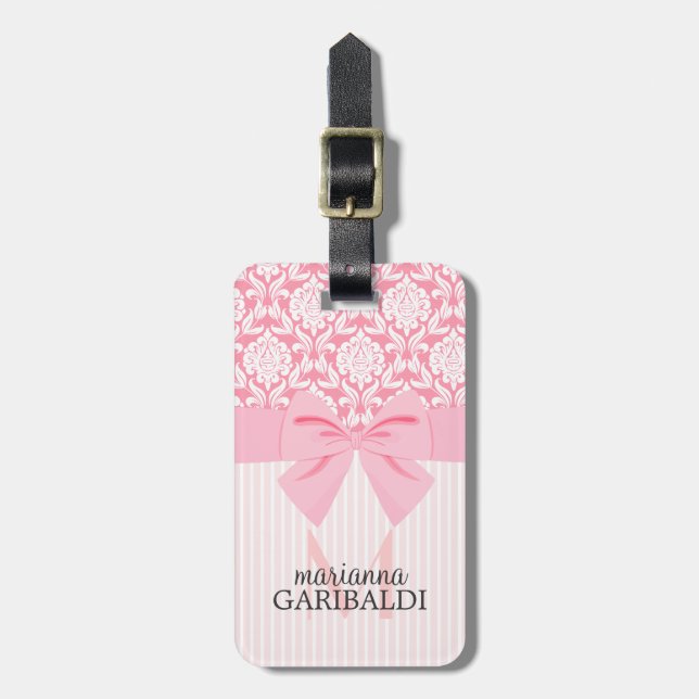 Girly eleganter rosa Damast-Verpackungs-Bogen Gepäckanhänger (Vorderseite vertikal)