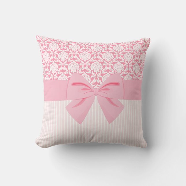 Girly eleganter rosa Damast-Verpackungs-Bogen Kissen (Vorderseite)