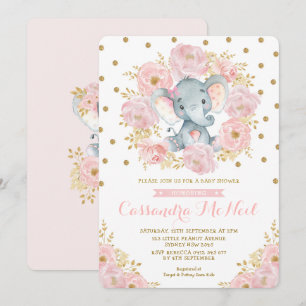 Girly Elephant Blush Pink Floral Baby Girl Dusche Einladung