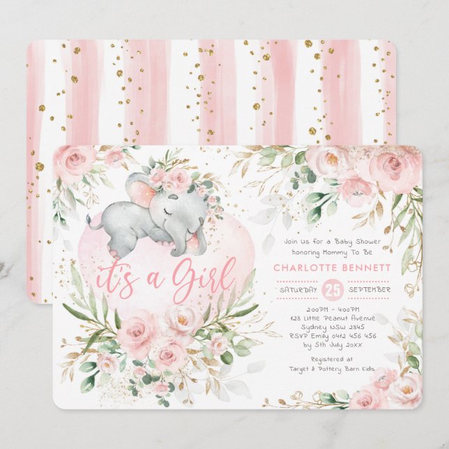 Girly Elephant Pink Blush Gold Blume Kinderdusche Einladung (Vorne/Hinten)