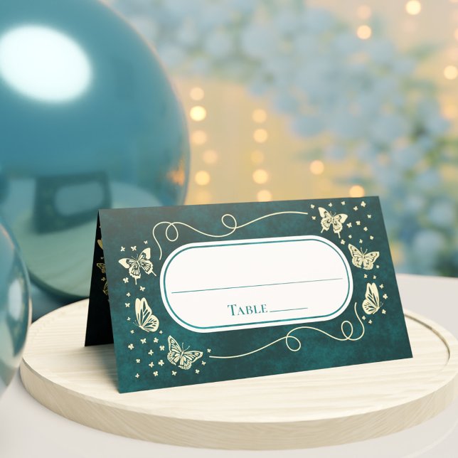 Girly Emerald Green Gold 15 Jahre alte Schmetterli Platzkarte (Girly Emerald Green Gold 15 Years Old Butterflies Place Card)