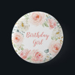 Girly erröten rosa Goldblumenerster 1. Geburtstag Button<br><div class="desc">Dieser weibliche Ausrüstungsbeschreibungen herrliche Watercolor erröten rosa Rosen mit Goldblattakzenten</div>