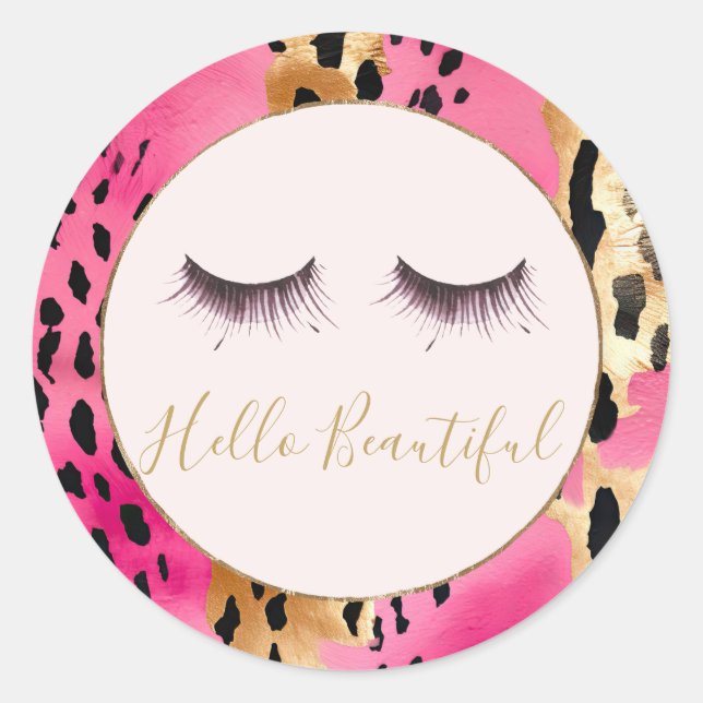 Girly Eyelashes Pink Glam Gold Leopard Runder Aufkleber (Vorderseite)