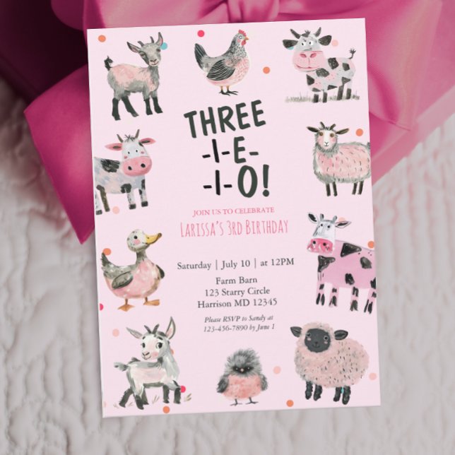 Girly Farm Animal Third Birthday Invitation (Créateur téléchargé)