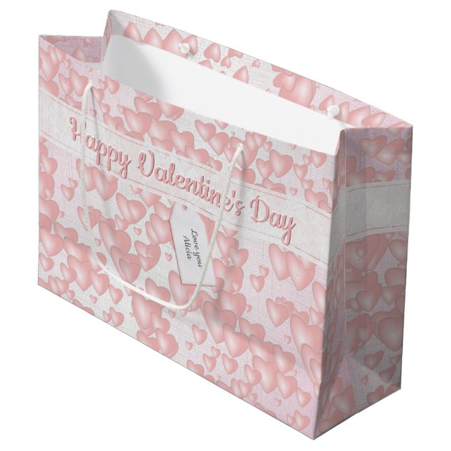 Girly Floating Pink Valentine hört Ihren Msg. Große Geschenktüte (Vorderseite Schrägansicht)