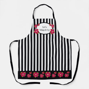 Girly Floral Accented Black and White Stripe Schürze