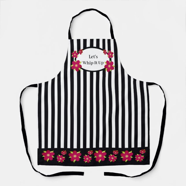Girly Floral Accented Black and White Stripe Schürze (Vorderseite)