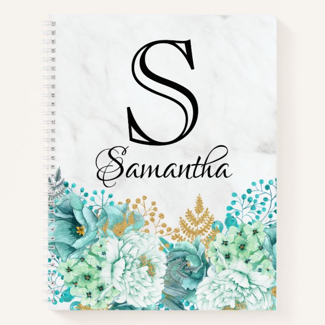 Girly Floral Bouquet Mint-Marmormonographie Notizbuch (Vorderseite)