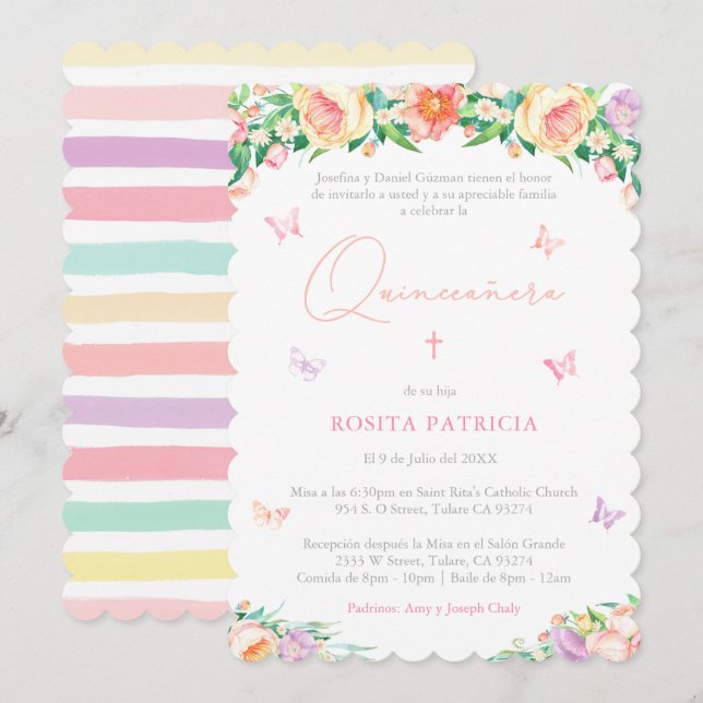 Girly Floral Butterflies Quinceañera Party Einladung (Vorne/Hinten)