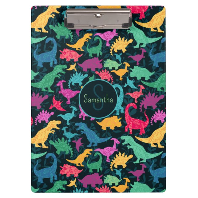 Girly Floral Dinosaur Silhouette Girls Klemmbrett (Vorderseite)