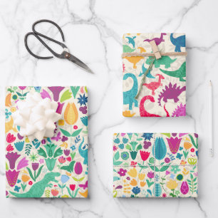 Girly Floral Dinosaur Silhouette Maximal Folk Geschenkpapier Set