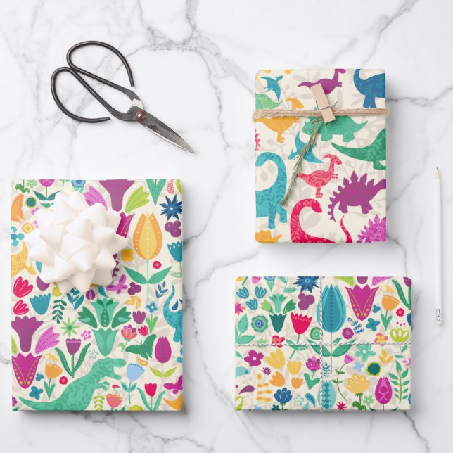 Girly Floral Dinosaur Silhouette Maximal Folk Geschenkpapier Set (Vorderseite)