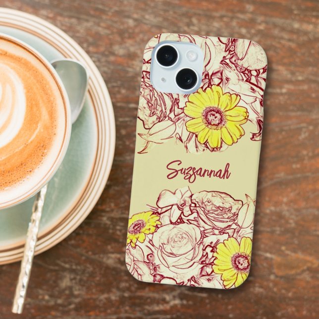 Girly Floral Individuelle Name Yellow Daisy Blume iPhone 15 Hülle (This easy to personalize floral phone case is a sweet gift idea for any special occasion. )