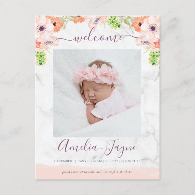 Girly Floral Marble Foto Geburtserklärung Postkarte (Vorderseite)