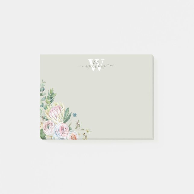 Girly Floral Monogram Greenerity Post-It Notes Klebezettel (Vorderseite)