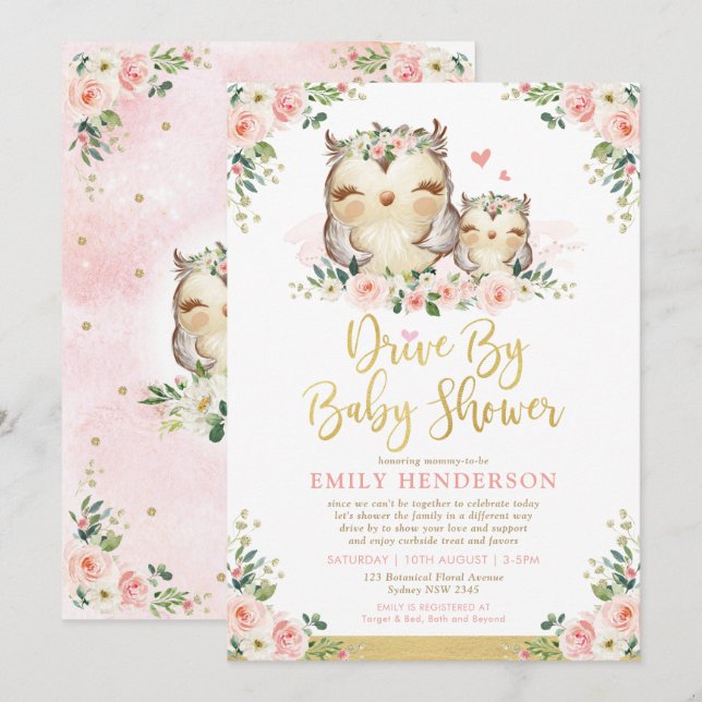 Girly Floral Owl Drive by Baby ShowQuarantäne Einladung (Vorne/Hinten)