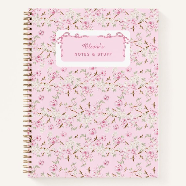 Girly Floral Pink Bow Coquette Custom Notizbuch (Vorderseite)